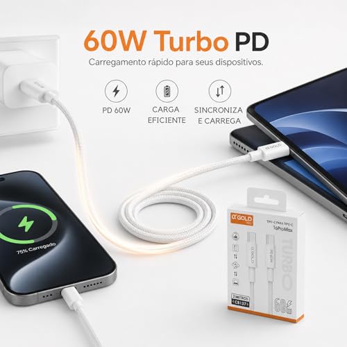 Cabo Tipo-C para Tipo-C 2 Metros 60W Turbo PD Nylon Trançado Reforçado, Carregamento Rápido e Transferência de Dados, Compatível com iPhone 15/16, Samsung, Xiaomi, Motorola, iPad, Notebook e Android