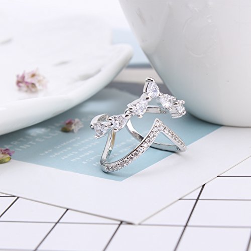 Silver Cubic Zirconia Ring CZ V Ring Open Adjustable Heart Princess Ring for Women