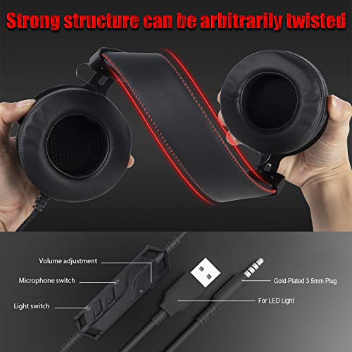 Gaming Headset, MMUSC Stereo Headphones for Laptop, Tablet, PS4, PC, Xbox One Controller, Noise Cancelling Over Ear Headset with Mic, LED Light, Bass Surround