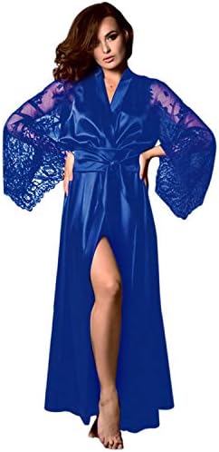 Landsuy Women Satin Long Nightdress Silk Lace Lingerie Long Sleeve Nightgown Sleepwear Floral Robe