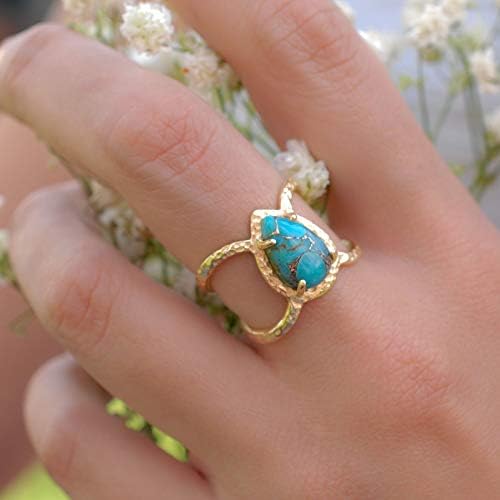 Ravewan Shop Cute Female Pear Cut Turquoise Yellow Gold Water Drop Ring Wedding Jewelry Gifts (8)