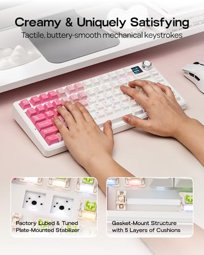EPOMAKER X AULA F75 MAX Tri-Mode Wireless Gaming Keyboard, TFT Screen, Knob, Hot Swappable, 2.4GHz/Type-C/BT5.0, Gasket Creamy, for PC/Mac/Office/Gaming (White Pink)
