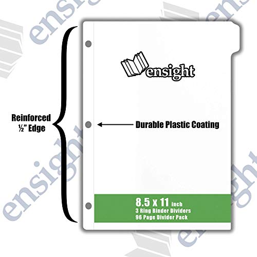 Ensight 3 Ring Binder 8 Tab Index Dividers, 96 Per Box, with Reinforced Edges Write on Plain Tabs, White Letter Size with 3 Hole Punch Section and Write on Plain Tabs,1/8 Tab Page Separator