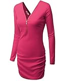 Doublju Womens Long Sleeve V-Neck Zip-up Front Back Sexy Shirring Detail Party Dress