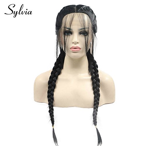 Sylvia 1B# Black 2 Ponytail Braiding Synthetic Lace Front Wigs with Baby Hair Natural Braids Heat Resistant Fiber Hair for Woman Replacement Wig
