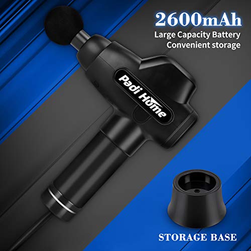 Padi Home Massagepistole, Massagegerät für Tiefengewebsmassage, Handmassagegerät mit 4 Massageköpfen und 20 Verschiedene Intensitätsstufen, Ruhiges Design, Schwarz