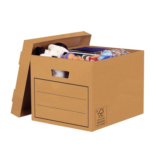 Bankers Box 10 Multi-Use Storage Box with Lids - Cardboard Storage Box with Lids for Office Storage - Archive Boxes with Handles - W32.5 x H28.5 x D39cm (Pack of 10) - Brown