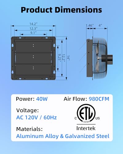 Ehiair 12 Inch Upgraded Shutter Exhaust Fan with Thermostat & Remote Control, Automatic On/Off by Temperature, 980 CFM Wall Mounted Garage Fan for Attic, Greenhouses, Sheds, Chicken Coops & Shops