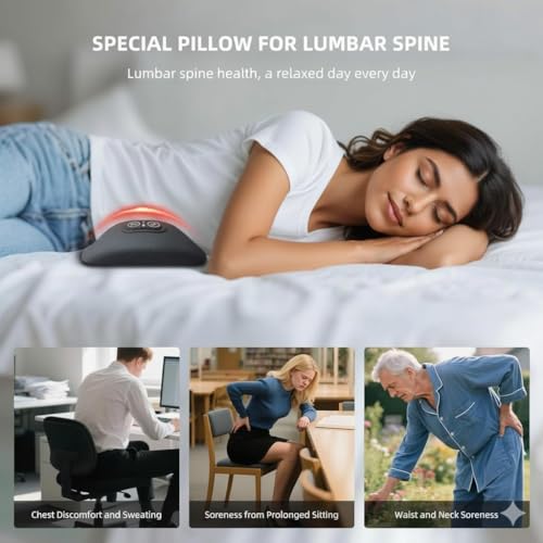 KAYAXIM Rechargeable Back Massager with Heat, 3-in-1 Lumbar & Spine Support Massage Pillow with Traction Design, Cordless Portable Lower Back Relaxation Cushion for Home Office (Grey)