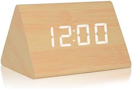 GZMAY Triangle Wooden Alarm Clock Acoustic Control LED Digital Clock 3 Levels Adjustable Brightness 3 Groups of Alarm Time with Displays Time Date Temperature and Humidity (Bamboo)
