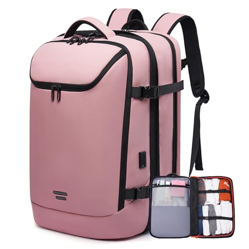 TANGCORLE Travel Carry on backpack 50L for Women, Fits 17.3 inch Laptop with USB Charging Port, Expandable Flight Approved Backpack for Overnight (pink)
