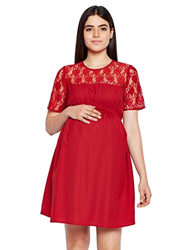 Women's Round Neck Polyester Short Sleeve Maternity A-Line Dress (Red)