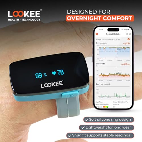 LOOKEE Ring Sleep Oxygen Monitor with Vibration Reminder for Low O2 | Continuous Ring Pulse Oximeter Overnight Tracks Blood Oxygen Level and Heart Rate | Free Mobile App Report