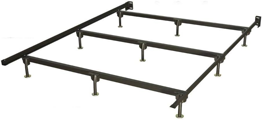 Glideaway Bolt On Headboard Metal Platform Bed Frame w/ 9 Support Legs & Adjustable Feet For Water Mattresses & Box Springs, King, Brown