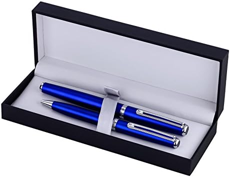 Inoxcrom Excellence Wall Street Fountain &amp; Ballpoint Pen Set. Blue Chrome Trim. Gift Boxed.