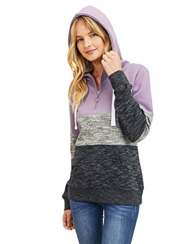Women's Ultra Soft Fleece Tri-Color Block 1/4 Zip-Up Pullover Hoodie Sweatshirt, Dusty Purple, X-Large