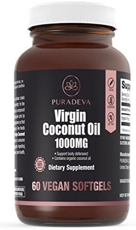 Organic Vegan (No Gelatin) Virgin Coconut Oil 1000 mg - 60 soft gels - Pure, Non-GMO, Hypoallergenic, MCTs. Support Skin, Hair growth &amp; Weight loss. Safety &amp; potency guaranteed! Now Gluten Free