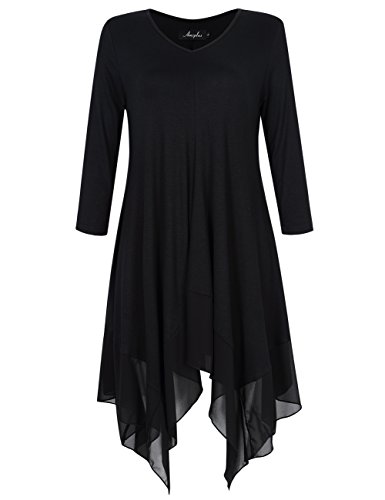 AMZ PLUS Womens Plus Size Irregular Hem Long Sleeve Loose Shirt Dress Top Black L