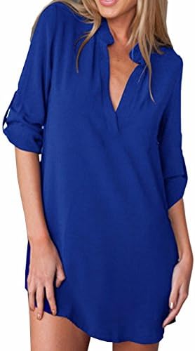 US Size Looseplus Women's Plus V Neck Loose Cuffed Sleeve Chiffon Blouse Irregular Casual Tunic T-Shirt Top Dress