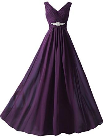 Vienna Bride Simple V-Neck Chiffon Long Prom Evening Party Gown for Women-XXL-Purple
