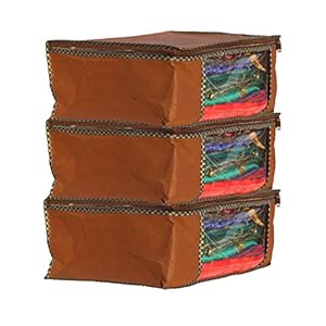 GLUN Non Woven Saree Cover Bag with Zip 3 Bag Combo Offer (Brown, 3)