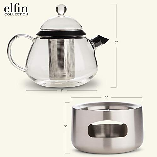 Elfin Glass Teapot Set with Infuser and Warmer, 28oz Clear Loose Leaf