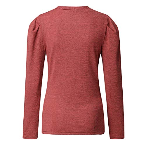 Aunimeifly Women V Neck Puff Long Ruched Lantern Sleeve Solid Blouse Fashion Simple Elegant Casual Slim and Fit Shirt Tops(Red,M)