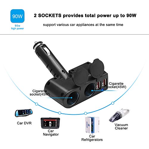 Rocketek 2 USB 2 Socket Car Cigarette Lighter Adapter Combine Dual 12V/24V DC Outlet Car Splitter and Dual USB QC3.0 Car Charger Adapter, The Car Socket and Car USB Support up to 90W / 4 Devices
