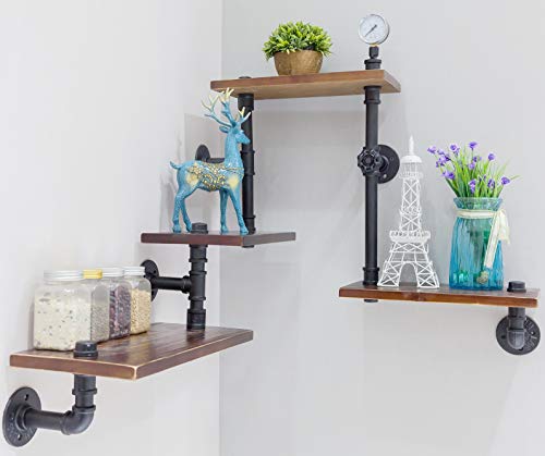 DOFURNILIM Industrial Rustic Wall Wood Pipe Ladder Floating Shelves - DIY Modern Storage Shelving Bookshelf for Bathroom Kitchen Office Home - Steampunk Wood Shelf Bookcase - 4 Tier - Thumbnail 6