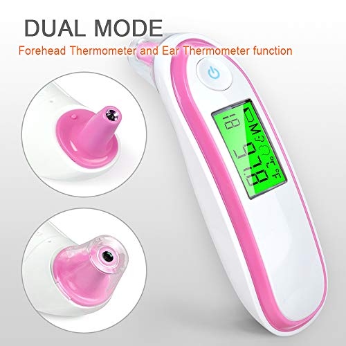 Elera Digital No Touch Infrared Forehead and Ear Thermometer Monitor with Probe Clinical Thermometer Gun for Fever for Infant Baby Kid Adult (Pink)