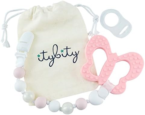 Itybity Pacifier Clip Girl - Silicone Teether, Butterfly Teething Toy for Baby BPA Free Pink/Pearl