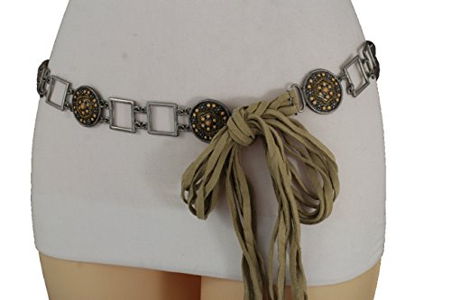 TFJ Women Fashion Antique Silver Metal Charms Belt Hip Waist Beige Tie Plus M L XL