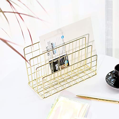 Delifox Mail Sorter - Letter Organizer Metal Desktop File Rack Postcard Holder for Home and Office, Gold