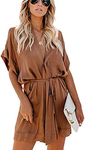 HOYMN Womens Button V-Neck Dress, Bohemian Floral Print Summer Dress Short Sleeve Casual Midi Dress with Belt