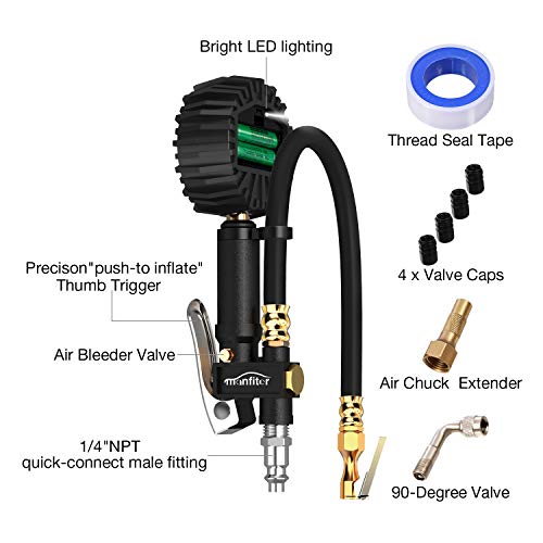 Manfiter Tire Pressure Gauge Inflator Deflator Digital with 235 PSI Compressor Accessories Heavy Duty Brass Air Chuck Valve Set & Hose Quick Connect Coupler for 0.1 Accuracy, Backlit Lighting