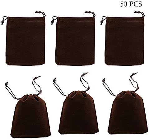 rainbowroseus 50PCS 2" X 3" Coffee Velvet Cloth Jewelry Pouches Drawstring Bags Christmas Candy Gift Bag Pouch Wedding Favors