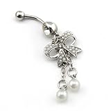 2014 New Fashion Xmas Sale! 14G Unique Pearl Butterfly Bow with 2-Tassel Bowknot Dangle Navel Ring Belly Bar Button + Belly Retainer