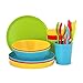 Plaskidy Kids Plastic Dinnerware Set of 24 Piece - Includes 4 Kids Plates and Bowls & Cups with Utensils Brightly Colored for Toddler & Kids - Kids Dishes Dishwasher/Microwave Safe Reusable BPA Free