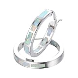 Bamos Jewelry 19 MM White Opal 925 Wedding Best Friend New Year's Party Girls Silver Hoop Stud Earrings
