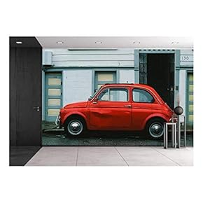 Vintage Red Car on The Street - Removable Wall Mural | Self-Adhesive Large Wallpaper - 66x96 inches