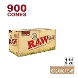 RAW 900 Organic 1 1/4 Cones - Sturdy W Gallery RAW Box - Pure Hemp 1.25 84mm Pre-Rolled Cones - 26mm Filter Tips - Natural Unbleached Unrefined Rolling Papers - Bulk Pack Bundle