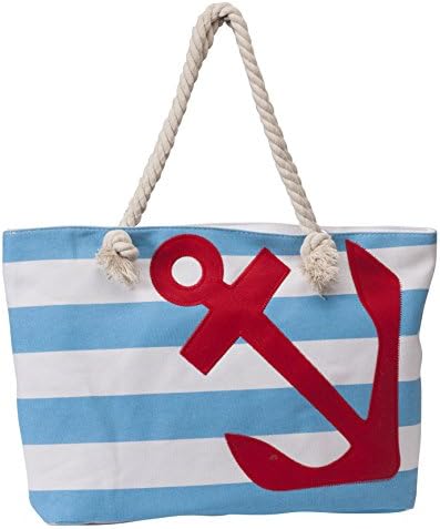 Anchors Away Large Canvas Stripe Zip Closure Shoulder Beach Bag Rope Handles (Turquoise/White)