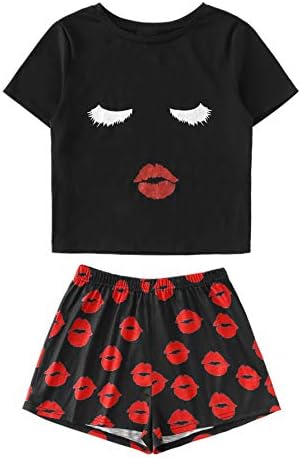 Women's Sleepwear Face Print Top and Red Lip Shorts Pajama Set