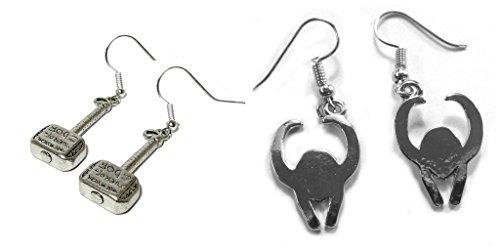 Thor Hammer With Writing and Loki Helmet Dangle Earrings w/Gift Box