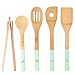 Organic 6 Piece Bamboo Cooking & Serving Utensils Set | Kitchen Accessories Kit In Colorful Utensil Holder | Spoon & Spatula & Salad Tong Mix | Space-Saving Wood Kitchen Gadgets Set | By laboos