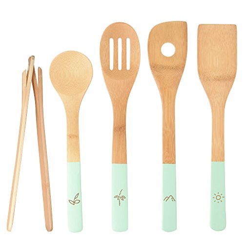 Organic 6 Piece Bamboo Cooking & Serving Utensils Set | Kitchen Accessories Kit In Colorful Utensil Holder | Spoon & Spatula & Salad Tong Mix | Space-Saving Wood Kitchen Gadgets Set | By laboos