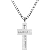 Christian Cross Necklace With Bible Verse Philippians 4 13 For Men Women Silver Cuban Chain 24 inch Inspirational Religious Faith Baptism Stainless Steel Jewelry Gift