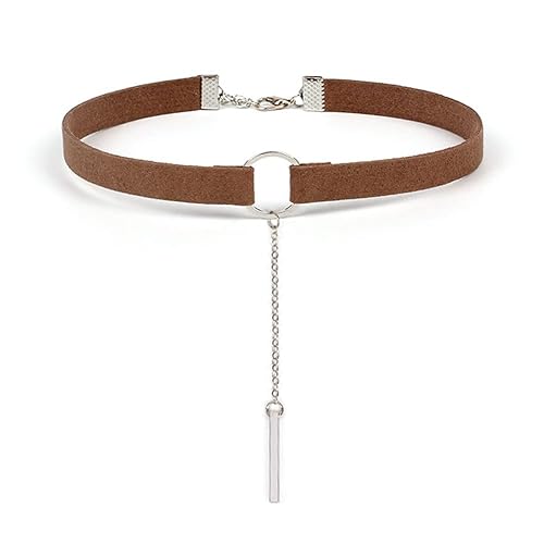 Brown Leather Choker Necklace Gold Long Chain Bar Pendant Necklace  Wide Velvet Collar for Women Fashion Jewelry Gifts(brown/silver) in Saudi 