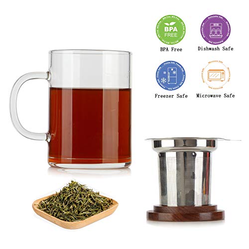 Tea Mug, COMI Tea Cup with Infuser Walnut Lid&Handle, Glass Tea Cups