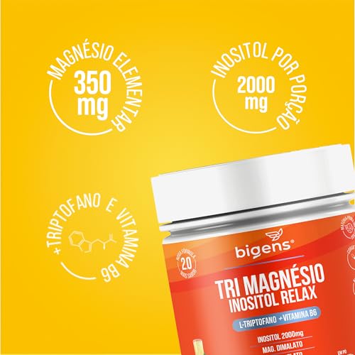Bigens Tri Magnésio (Dimalato, Quelato, Taurato) Inositol Relax, Triptofano, B6, Sabor Maracujá, Kit 2x 180g